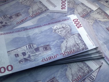 Ermenistan 'ın parası. Dram faturaları. AMD banknotları. 1000 Ermeni. İş, finans, haber geçmişi. 3d illüstrasyon.