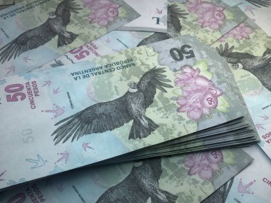Arjantin 'in parası. Arjantin Peso faturaları. ARS banknotları. 50 peso. İş, finans, haber geçmişi. 3d illüstrasyon.
