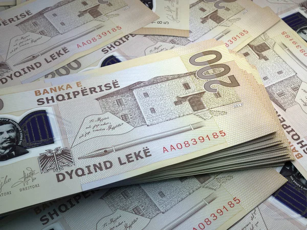 Arnavutluk Parası Lek Banknotları Hepsi Banknot 200 Arnavut Finans Haber — Stok fotoğraf