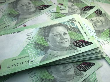 Peru 'nun parası. Peru sol faturaları. PEN banknotları. 10 sol. İş, finans, haber geçmişi. 3d illüstrasyon.