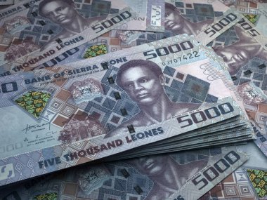 Sierra Leone 'nin parası. Leone faturaları. Banknotlar. 5000 Mende. İş, finans, haber geçmişi. 3d illüstrasyon.