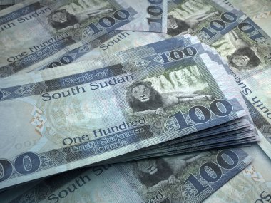 Güney Sudan 'ın parası. Pound faturaları. SSP banknotları. 100 İngiliz. İş, finans, haber geçmişi. 3d illüstrasyon.