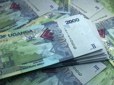Uganda 'nın parası. Şilin faturaları. UGX banknotları. 2000 Ganga. İş, finans, haber geçmişi. 3d illüstrasyon.