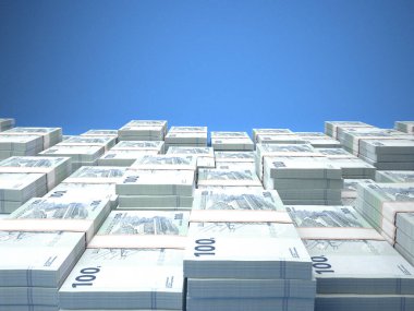 DR Kongo 'nun parası. Frank faturaları. CDF banknotları. 100 Fransız. İş, finans, haber geçmişi. 3d illüstrasyon.