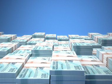 Madagaskar 'ın parası. Malagasy ariary faturaları. MGA banknotları. 100 ariarya. İş, finans, haber geçmişi. 3d illüstrasyon.