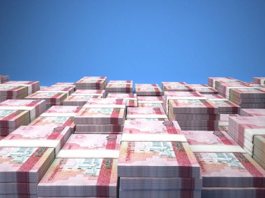 Türkmenistan 'ın parası. Menat faturaları. TMT banknotları. 10 Türkmen. İş, finans, haber geçmişi. 3d illüstrasyon.