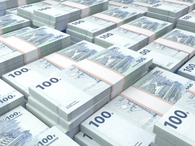 DR Kongo 'nun parası. Frank faturaları. CDF banknotları. 100 Fransız. İş, finans, haber geçmişi. 3d illüstrasyon.