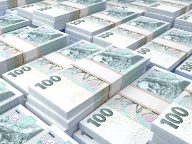 Çek Cumhuriyeti 'nin parası. Çek koruna faturaları. CZK banknotları. 100 Kc. İş, finans, haber geçmişi. 3d illüstrasyon.