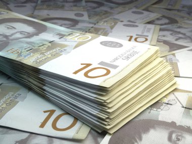 Sırbistan 'ın parası. Sırp dinarı faturaları. RSD banknotları. 10 dinar. İş, finans, haber geçmişi. 3d illüstrasyon.