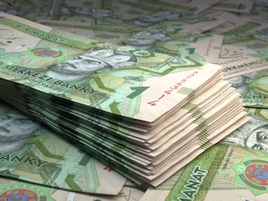 Türkmenistan 'ın parası. Menat faturaları. TMT banknotları. 1 Türkmen. İş, finans, haber geçmişi. 3d illüstrasyon.