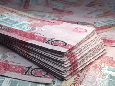 Türkmenistan 'ın parası. Menat faturaları. TMT banknotları. 10 Türkmen. İş, finans, haber geçmişi. 3d illüstrasyon.