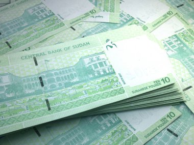 Sudan 'ın parası. Sudan sterlinli banknotlar. SDG banknotları. 5 kilo. İş, finans, haber geçmişi. 3d illüstrasyon.