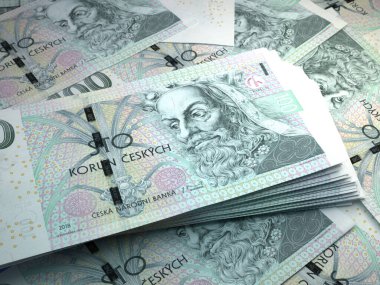 Çek Cumhuriyeti 'nin parası. Çek koruna faturaları. CZK banknotları. 100 Kc. İş, finans, haber geçmişi. 3d illüstrasyon.