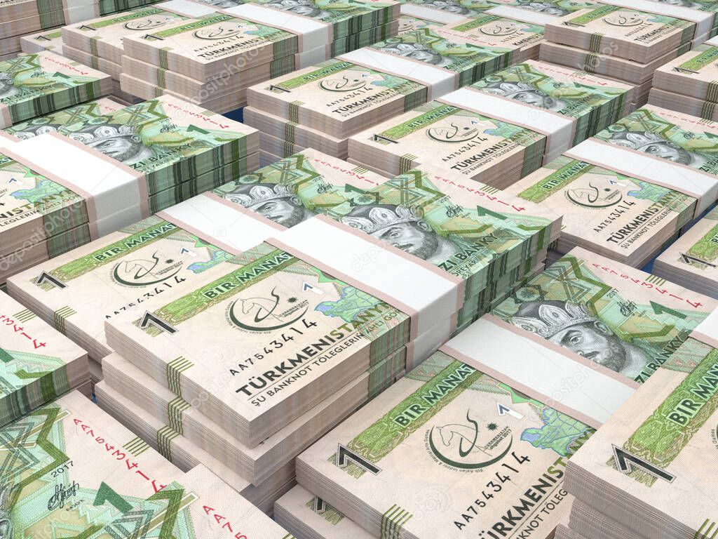 Money of Turkmenistan. Manat  bills. TMT banknotes. 1 Turkmen. Business, finance, news background. 3d illustration.