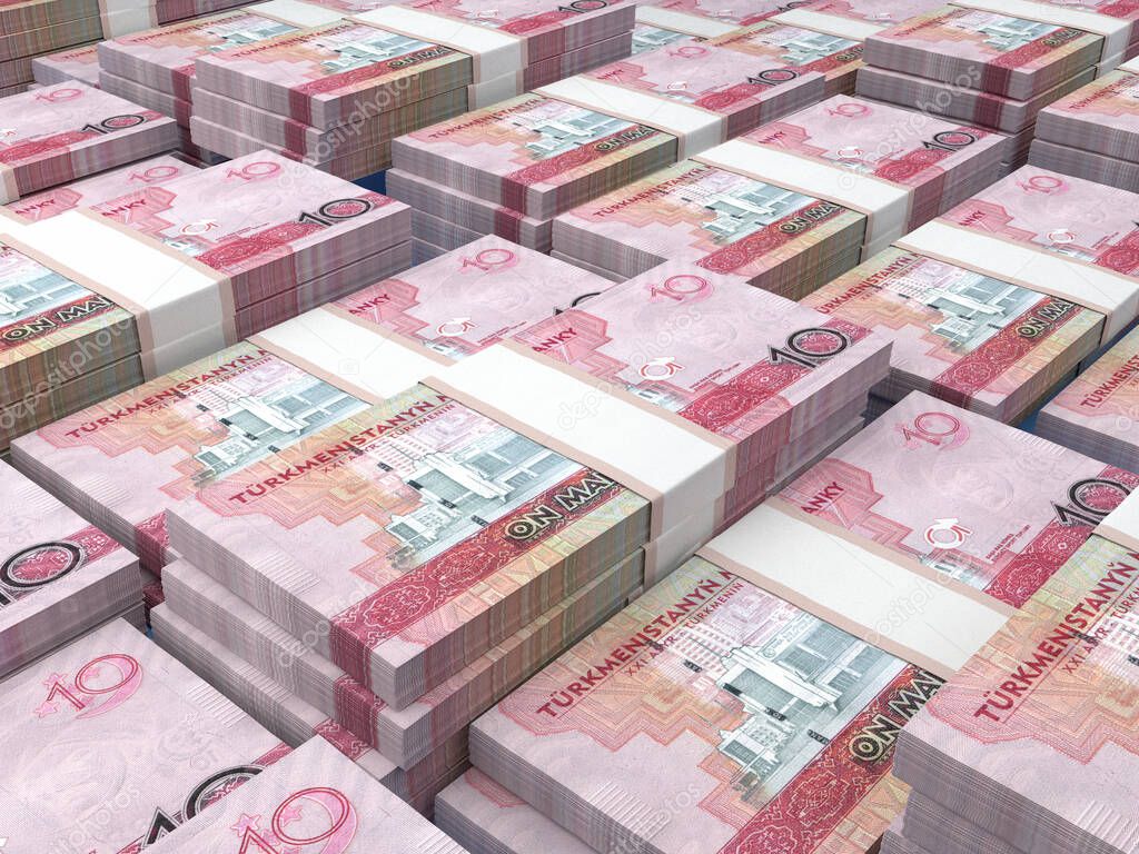 Money of Turkmenistan. Manat  bills. TMT banknotes. 10 Turkmen. Business, finance, news background. 3d illustration.