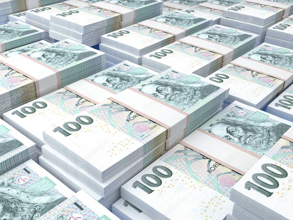 Money of Czech Republic. Czech koruna bills. CZK banknotes. 100 Kc. Business, finance, news background. 3d illustration.