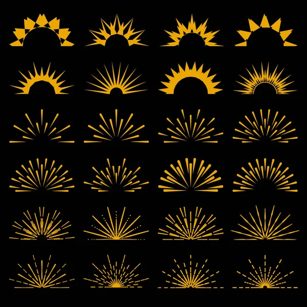 Коллекция солнечных лучей. Абстрактный контурный рисунок вспышки, звездочки, восход солнца. Набор жёлтых винтажных половинок, легкий взрыв, фейерверк. Типография элементов ретро-дизайна Jpeg. — стоковое фото