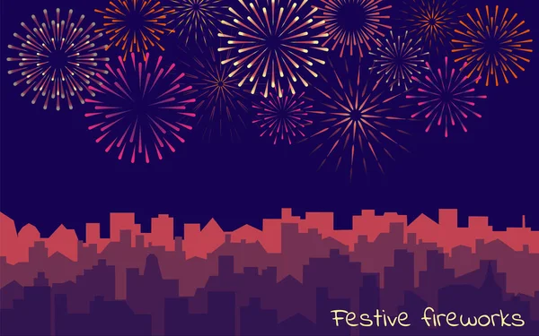 Night cityscape with fireworks. Urban background with celebrated festive firecracker over town. Vector evening skyscrapers silhouette and bright holiday salute — Stockvektor