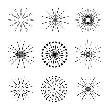 Havai fişek koleksiyonu. Patlama ışınları dizayn elementlerinin vektörü. Soyut patlama çevresi maytap deseni
