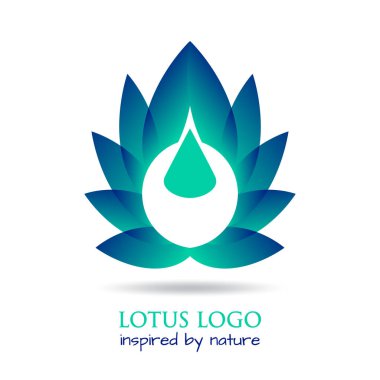 Su damlası ile stilize nilüfer çiçeği doğa tarafından eko konsepti olarak kullanılır. Çiçek tasarımı amblemi, logoti, sağlık endüstrisi, kaplıca ya da güzellik salonu etiketi. Beyaz renkte izole edilmiş vektör lotus logo şablonu