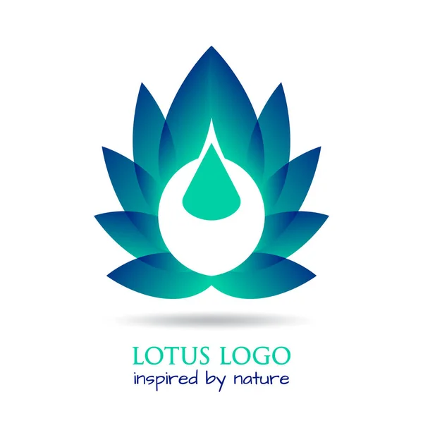 Stylizowany kwiat lotosu z kroplą wody jako ekologicznej opieki koncepcyjnej z natury. Godło kwiatowe, logotyp, etykieta dla branży wellness, spa lub salonu piękności. Wzór logo lotosu wektorowego, izolowany na białym — Wektor stockowy