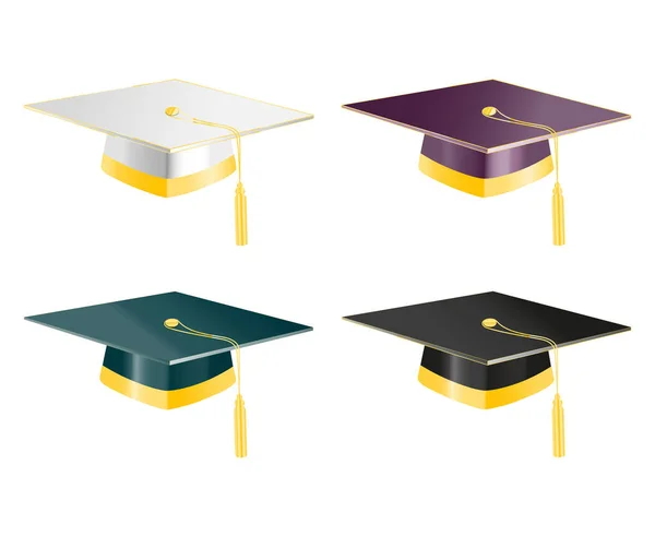 Set of white, black, green and beet color graduation student caps with golden elements on white background. Jpeg illustration