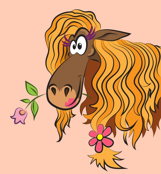 Caballo divertido con una flor — Vector de stock