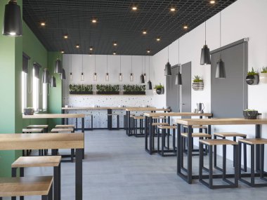 Modern kafenin bitkileri ve yeşil duvarlı 3D görüntüsü.