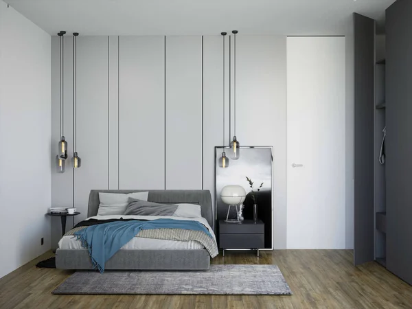 Weergave Van Moderne Luxe Slaapkamer Grijze Kleuren — Stockfoto