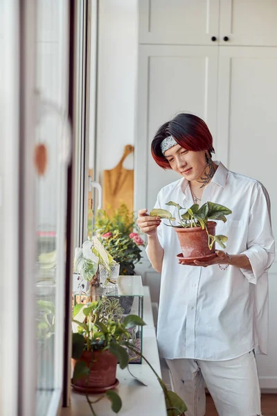 Happy young man standing near the windowsill with many plants on it at home. Household concept