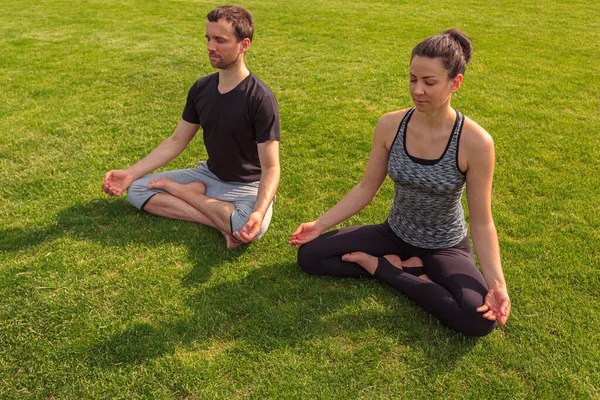 Young healthy man and woman doing yoga in the sunny summer park. High quality photo