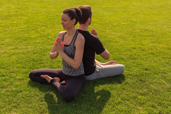 Young healthy man and woman doing yoga in the sunny summer park. High quality photo