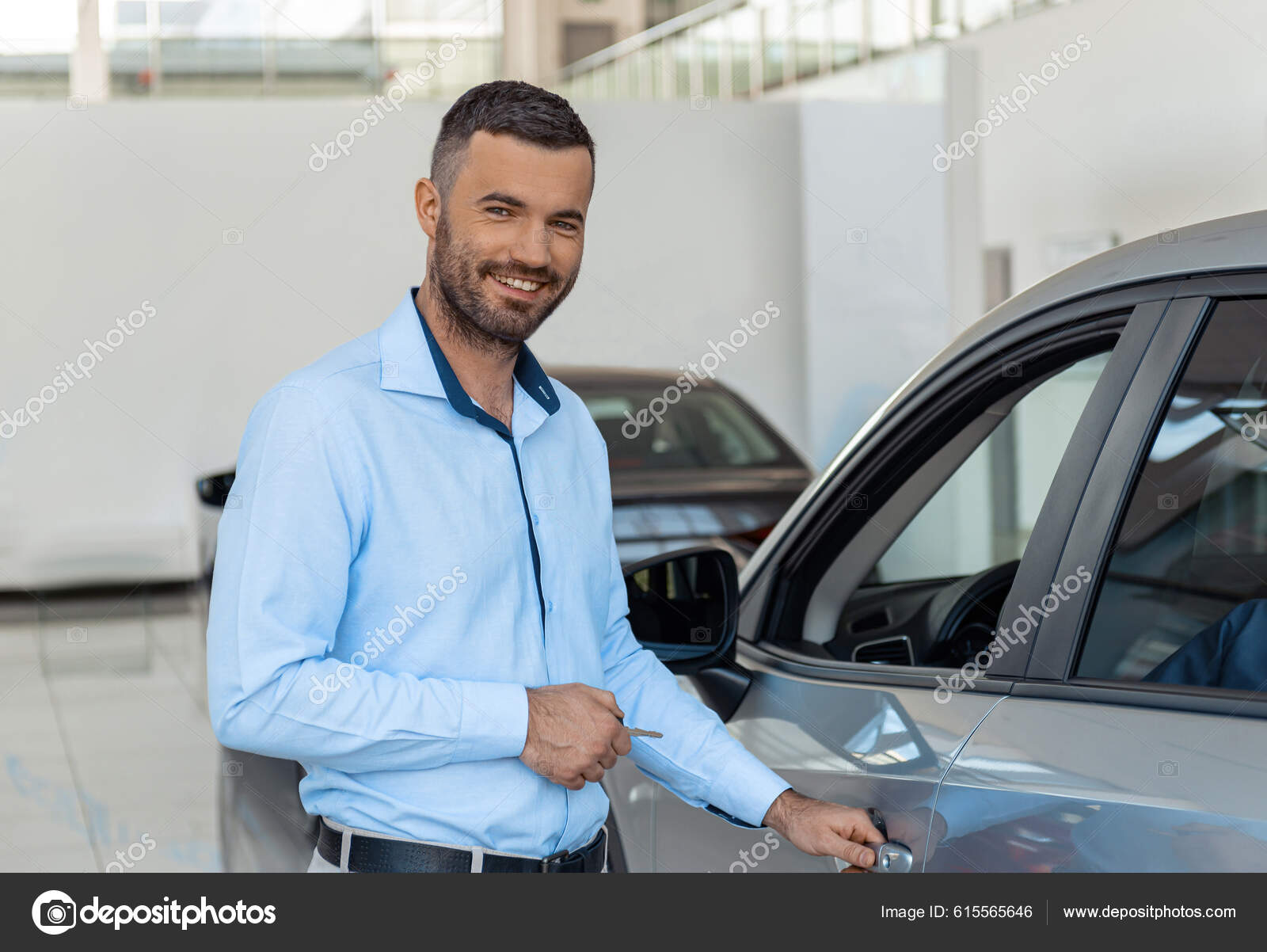 Man Customer Opening Doorknob Own Car Dealership Auto Purchase Rental