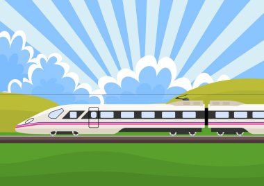Gökyüzü ve bulutlarla dolu kırsalda ekspres tren.