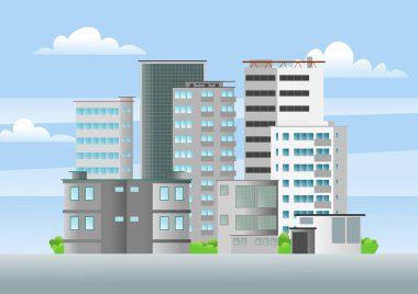 Şehir manzarası yüksek apartmanlı evler, mavi gökyüzü beyaz bulutlu