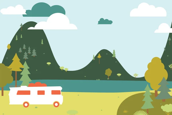 kamp çadır ve otobüs ile ahşap. vektör çizim