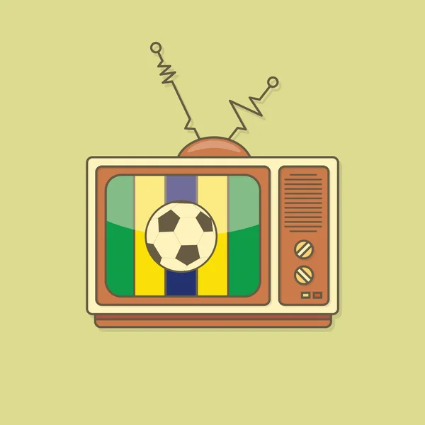 Flat stylized soccer ball on TV. Brazil flag color. — Stock Vector