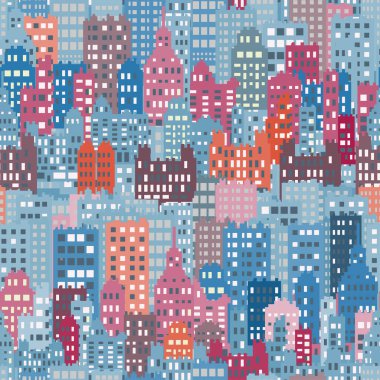 Şehir Binası ile Kusursuz Arkaplan, Mavi ve Kırmızı Renk Vektörü