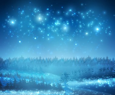 Gece Yıldızlı ve Ağaçlı Kış Arkaplanı, Vektör