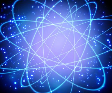 Parlak atom modeli. Galaksinin mavi arka planlı neon yörüngesi. Vektör