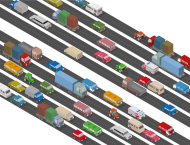 Trafik sıkışıklığı. Yoğun Yolun Resmedilmesi İçin Isometric Otomobiller ve Evler. Vektör