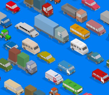 Trafik sıkışıklığı. Isometric Arabalar ve Çizimsiz Şablon Evleri. Vektör