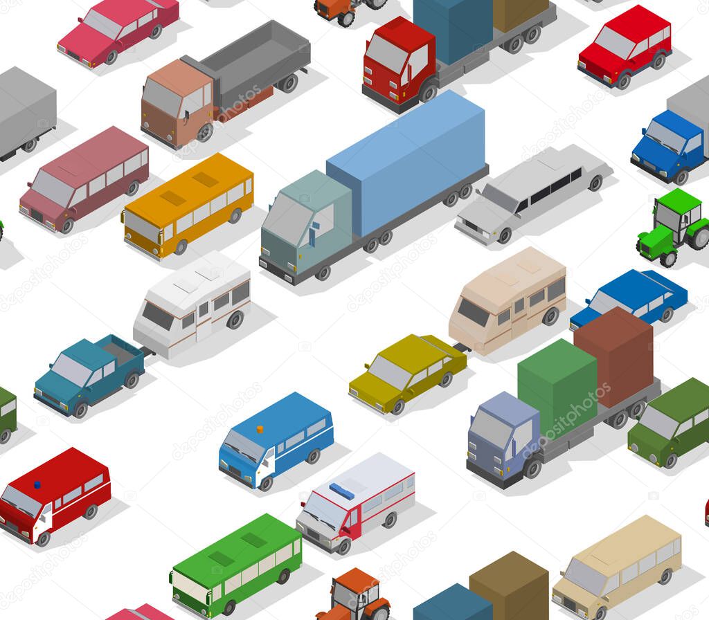 Traffic Jam. Isometric Cars and Houses for Illustration Seamless Pattern. Vector
