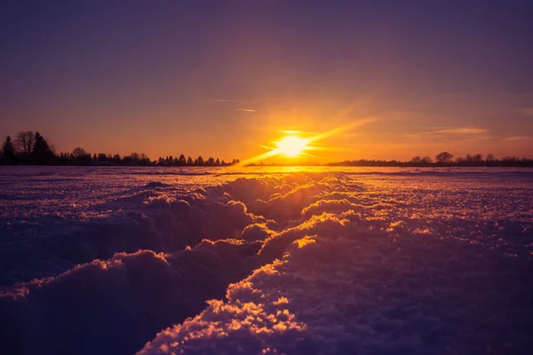 Прекрасные Зимние Утренние Пейзажи Человеческими Ногами Снегу Снежный Пейзаж Восхода — стоковое фото