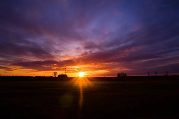Belo Colorido Nascer Sol Primavera Sobre Campo Cenário Sazonal Norte — Fotografia de Stock