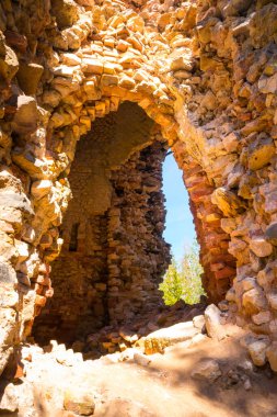 Ormandaki eski kırmızı tuğlalardan oluşan güneşli bir bahar günü manzarası. Kuzey Avrupa 'daki eski bina..