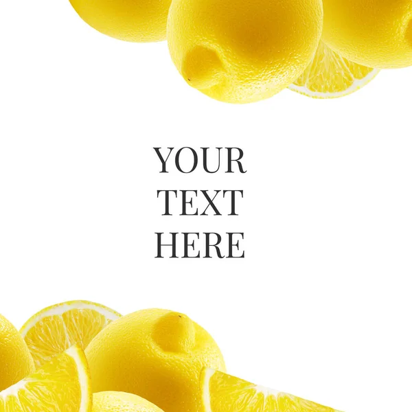 Square banner with several whole lemons and many big slices isolated on white background. Fruit composition. Social media posting.  Healthy food and detox diet advertisement. Bright layout with citrus