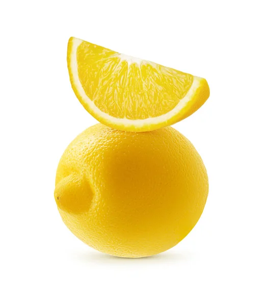 One whole lemon and juicy slice on top of it isolated on white background. Fruit composition. Citrus juice.Element for cosmetics or sweet drinks packaging design. Diet food with vitamins, antioxidant.