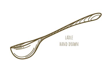 One large vector wooden spoon with long handle on white background. Cooking food. Vintage ladle. Hand drawn decorative art element for cafe menu design, advertising layout. Kitchenware store emblem. 