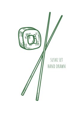 One small sushi piece, two chopsticks on white background. Cute vector illustration. Japanese cuisine. Food icon. Decorative art element for menu design, advertising layout. Hand drawn fish maki roll.
